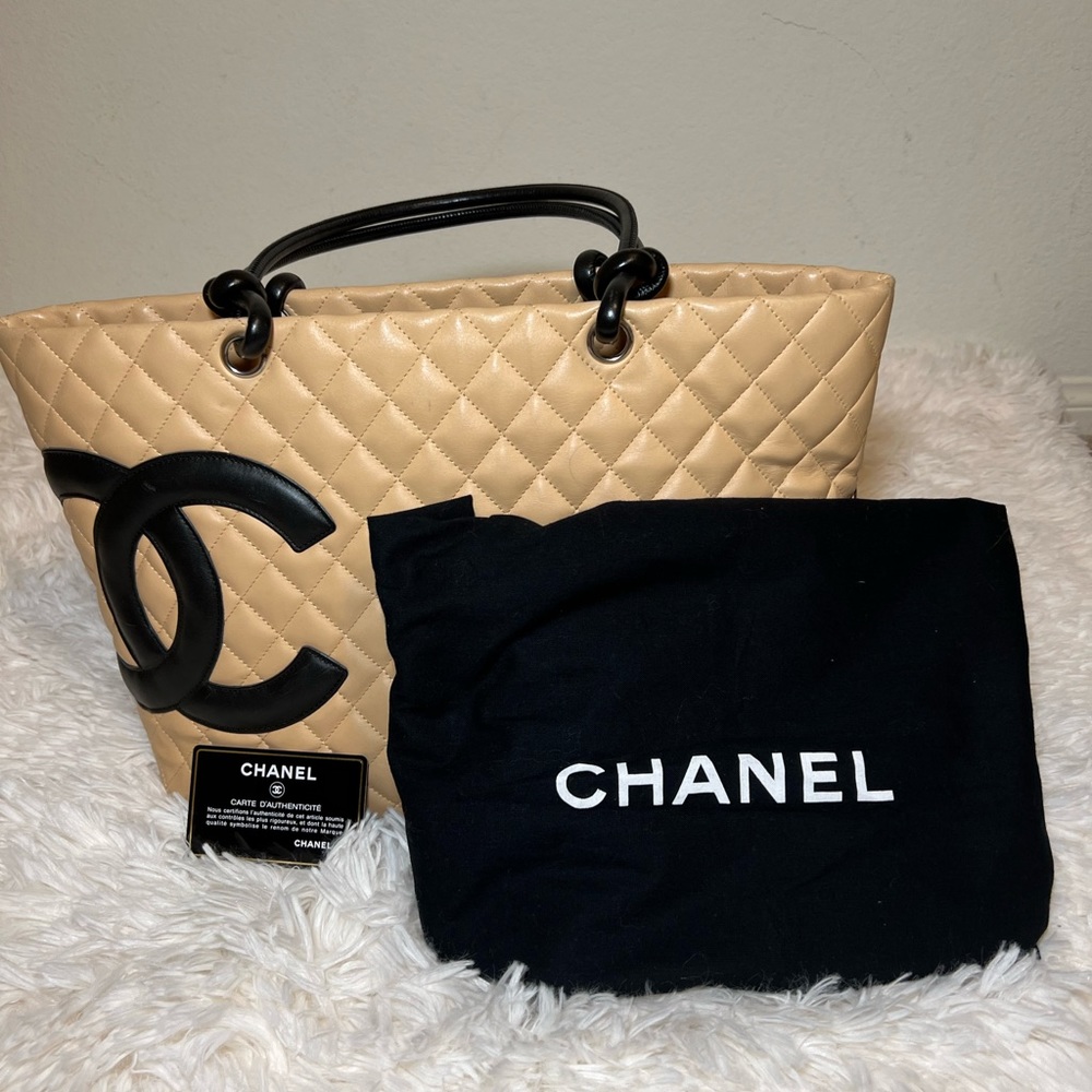 CHANEL Beige Tote with Black CC Accent and Handles
